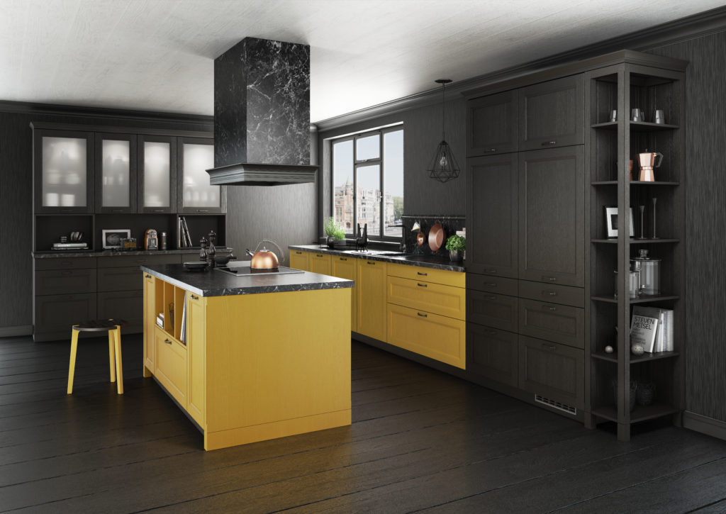 Divertida cocina con isla en acabado amarillo y muebles en color negro con molduras y tirador corto.