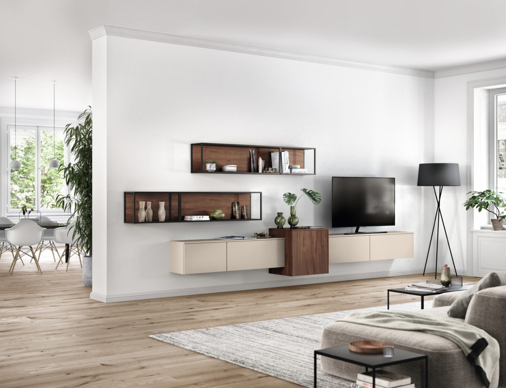 Mueble de televisión y estanterías vistas